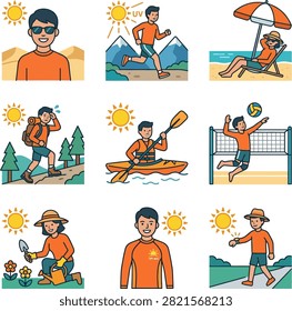 Collection of individuals engaged in various recreational pursuits and outdoor work during sunny weather