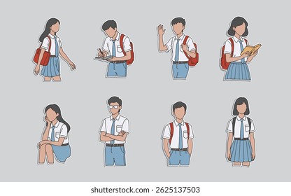 Collection of Indonesian High School Student Characters in Hand-drawn Style.