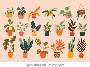 Collection of indoor houseplants in pots vector illustration. Plant in pot elements set. Trendy potted plants bundle, cartoon style, flat, modern, isolated, hand-drawn stickers