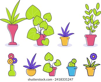 Colección de plantas interiores en coloridas ollas. Chalets de estilo plano con suculentos y verdes frondosos. Decoración del hogar e ilustración vectorial de jardinería.