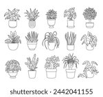 Collection of indoor plants line drawings. Diverse potted houseplants in vector illustration set. Trendy decor doodle sketch botanical isolated elements. Gardening concept.