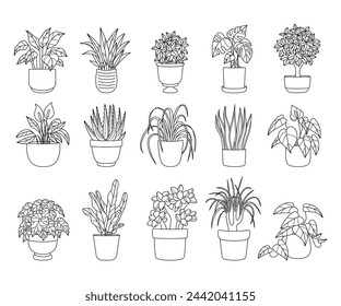 Collection of indoor plants line drawings. Diverse potted houseplants in vector illustration set. Trendy decor doodle sketch botanical isolated elements. Gardening concept.