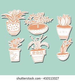 A collection of indoor plants. Set of stylized flowers in pots. Decorative flowers. Line art. Black and white drawing by hand.