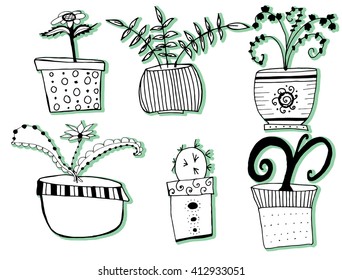 A collection of indoor plants. Set of stylized flowers in pots. Decorative flowers. Line art. Black and white drawing by hand.