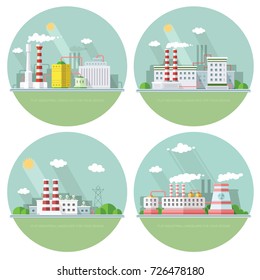 Collection industrial, architectural urban landscapes. factory,  nuclear power plant, a manufactory in the background of the city. Vector flat illustration