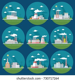 Collection industrial, architectural urban landscapes. factory,  nuclear power plant, a manufactory in the background of the city. Vector flat illustration