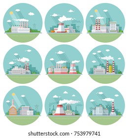 Collection industrial, architectural urban landscapes. factory,  nuclear power plant, a manufactory in the background of the city. Vector flat illustration