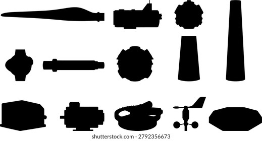 Collection of industrial component silhouettes showing turbine blade motor gear coupler tower cone cabinet anemometer and generator housing. Black vector silhouettes isolated on white background.