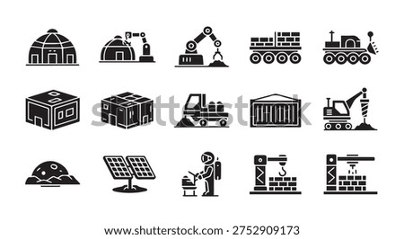 Collection of industrial and construction icons including factories, machinery, and workers