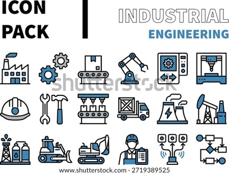Collection of industrial engineering icons, including machinery, tools, and workers, in blue and black on a white background.