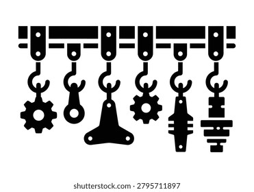 Collection of industrial gears hooks and machine parts hanging on rail.