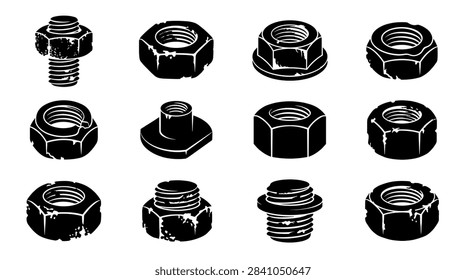 Collection of industrial hardware including hex nuts and bolts in high-contrast black stencil style. Elements feature distressed textures to simulate rust and age for mechanical themes.