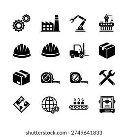 A collection of industrial icons representing various aspects of manufacturing and industry.