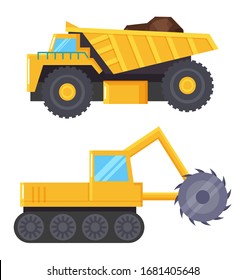 Collection of industrial machinery. Set of vehicles and devices for mining industry. Transportation of coals or soil. Tractor or van and machine with circular sharp blade for cutting, vector