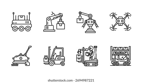 Coleção de robótica industrial e ícones de máquinas automatizadas para tecnologia e vetor de fabricação