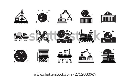 Collection of industrial and technology icons including factories, robots, satellites, and machinery