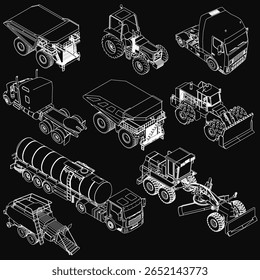 A collection of industrial trucks including a dump truck and bulldozer on a sleek black background. Various construction vehicles are neatly arranged, highlighting heavy machinery used in transport.