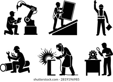 Collection of industrial worker silhouettes including robotics programming, material handling, welding, machinery inspection, pipe maintenance, and construction safety. Ideal for manufacturing, engineering, industrial training, workplace safety, technical presentations, and commercial vector graphics.