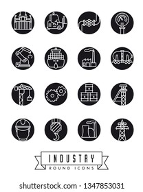 Collection of industry themed round vector icons, white lines in colored circles