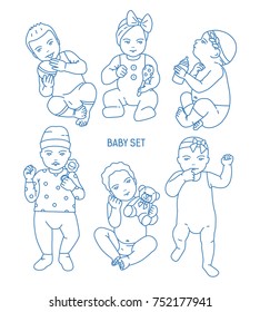 Collection of infant children or babies dressed in various clothes and holding toys and rattles. Set of toddlers in different postures drawn in line art style. Monochrome vector illustration.