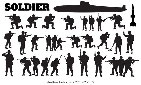 collection of infantry troop characters and naval vessel for war theme design