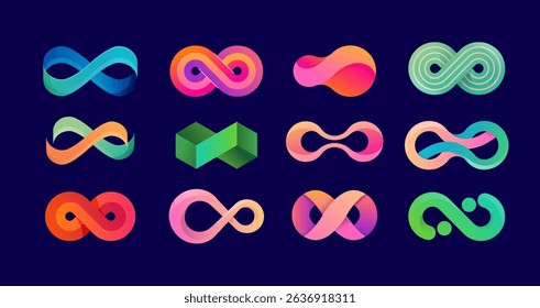 Collection of Infinity logos. Colorful infinite, eight shaped loop icon set. Modern vector branding design with color gradient .