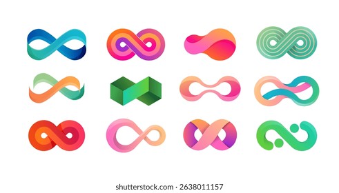 Collection of Infinity logos. Colorful infinite, eight shaped loop icon set. Modern vector branding design with color gradient .