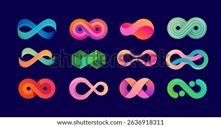 Collection of Infinity logos. Colorful infinite, eight shaped loop icon set. Modern vector branding design with color gradient .