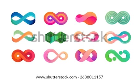Collection of Infinity logos. Colorful infinite, eight shaped loop icon set. Modern vector branding design with color gradient .