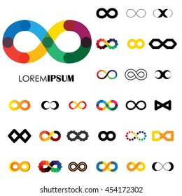 collection of infinity symbols - vector logo icons. this set of signs  can also represent concept of continuum, boundless and limitless, illusion of perpetuity, being unlimited