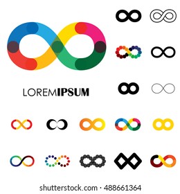 collection of infinity symbols - vector logo icons. this set of signs  can also represent concept of continuum, boundless and limitless, illusion of perpetuity, being unlimited