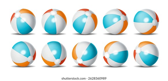 Collection of inflatable beach balls with bright blue orange segments arranged on a white background suitable for summer vacation themes poolside activities or seaside games providing vibrant colors