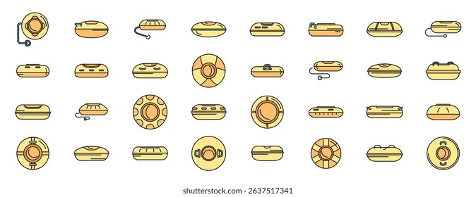 Collection of inflatable rubber boat and snow tubing icons in various shapes and designs, suitable for representing water activities, winter sports, and recreational fun