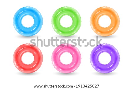 Collection of inflatable rubber rings. Realistic swimming water park or pool lifebuoy. Vector illustration of realistic beach leisure swim ring toys. Concept of safety on summer vacation Foto stock © 