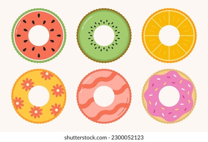 Colección de anillos inflables. Juguetes de goma alegres. sandía, kiwi, naranja, donut. Ilustración del vector