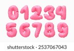 Collection of Inflated balloons numbers from 0 to 9 isolated on a white background. Realistic 3d design. Set of numbers made of rumpled latex material pink soft pastel color. Vector illustration