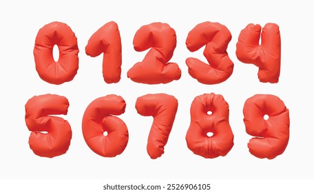 Colección de números de globos inflados de 0 a 9 aislados en un fondo blanco. Diseño 3d realista. Conjunto de números hechos de material de látex arrugado de colores rojos suaves. Ilustración vectorial