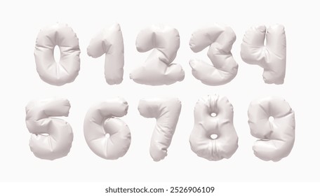 Collection of Inflated balloons numbers from 0 to 9 isolated on a white background. Realistic 3d design. Set of numbers made of rumpled latex material white color. Vector illustration