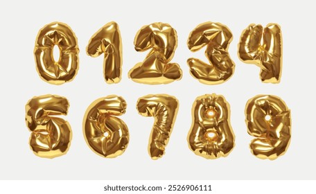 Sammlung von aufgeblasenen Ballons Zahlen von 0 bis 9 einzeln auf weißem Hintergrund. Realistisches 3D-Design. Satz von Zahlen aus zerknittertem Latex Material Gold Farbverlauf Farben. Vektorgrafik