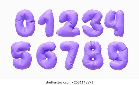 Colección de números de globos inflados de 0 a 9 aislados en un fondo blanco. Diseño 3d realista. Conjunto de números hechos de material de látex arrugado de colores púrpura. Ilustración vectorial