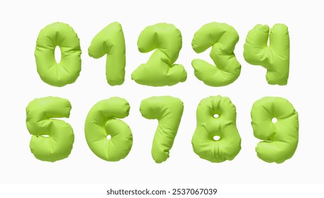 Colección de números de globos inflados de 0 a 9 aislados en un fondo blanco. Diseño 3d realista. Conjunto de números hechos de material de látex arrugado de colores suaves verdes. Ilustración vectorial