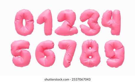 Colección de números de globos inflados de 0 a 9 aislados en un fondo blanco. Diseño 3d realista. Conjunto de números hechos de material de látex arrugado de color rosa pastel suave. Ilustración vectorial