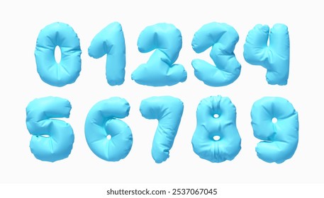 Colección de números de globos inflados de 0 a 9 aislados en un fondo blanco. Diseño 3d realista. Conjunto de números hechos de material de látex arrugado de colores suaves azules. Ilustración vectorial