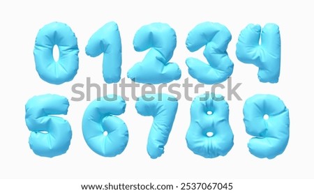 Collection of Inflated balloons numbers from 0 to 9 isolated on a white background. Realistic 3d design. Set of numbers made of rumpled latex material blue soft colors. Vector illustration