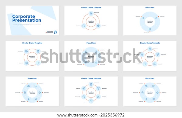 Collection of infographic corporate\
presentation slides - pie chart, pizza diagram divided into\
sectors, circular choice graph. Modern infographic design template.\
Simple flat vector\
illustration.