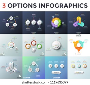 Collection of infographic design layouts with 3 choice options or features. Flat and realistic charts with three colorful or paper white elements, thin line icons and text boxes. Vector illustration.