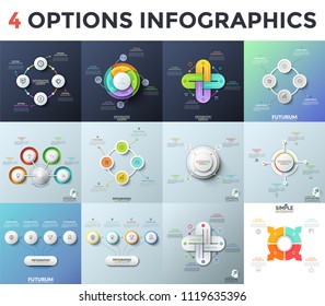 Collection of infographic design layouts with 4 choice options or features. Realistic charts with four colorful or paper white elements, thin line icons and text boxes. Vector illustration.