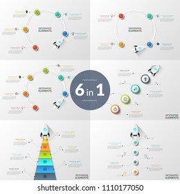 Collection of infographic design layouts. Round, diagonal or vertical charts with flat or linear icons and flying rocket or spacecraft. Concept of startup launch features. Modern vector illustration.