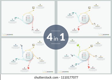 Collection of infographic design templates. Circular diagrams connected to colorful thin line pictograms and text boxes. Concept of steps to success. Simple vector illustration for presentation.