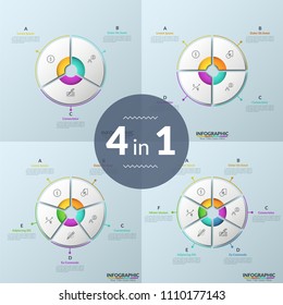 Collection of infographic design templates. Circular paper white diagrams divided into sectoral elements with thin line symbols inside connected to text boxes. Minimalistic vector illustration.